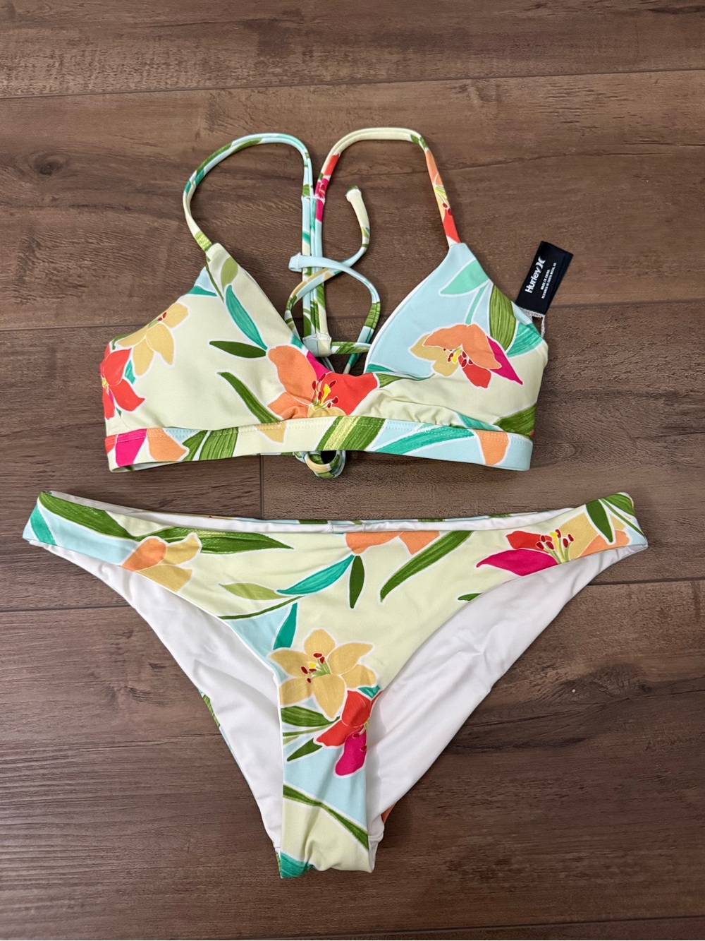 Hurley Floral Bikini Set in Cream, Green, Pink, Orange